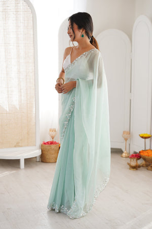 Green Solid with Floral Sequin Bordered Chiffon Saree (ACA9146)