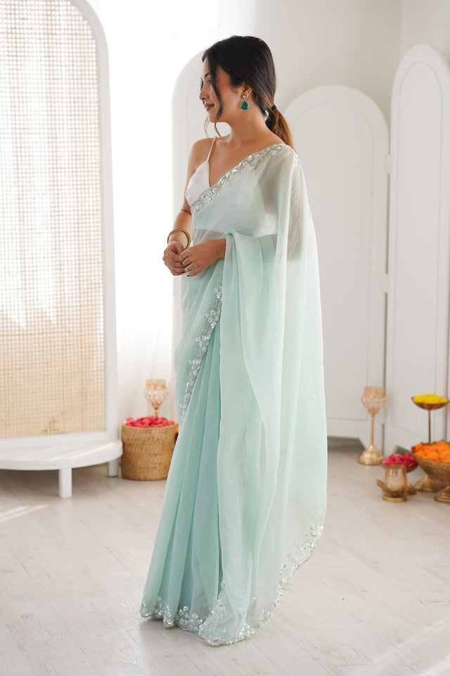 Green Solid with Floral Sequin Bordered Chiffon Saree (ACA9146)