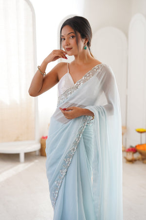 Blue Solid with Floral Sequin Bordered Chiffon Saree (ACA9147)
