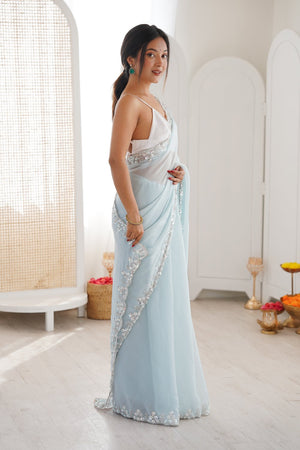 Blue Solid with Floral Sequin Bordered Chiffon Saree (ACA9147)