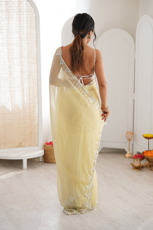Yellow Solid with Floral Sequin Bordered Chiffon Saree (ACA9148)