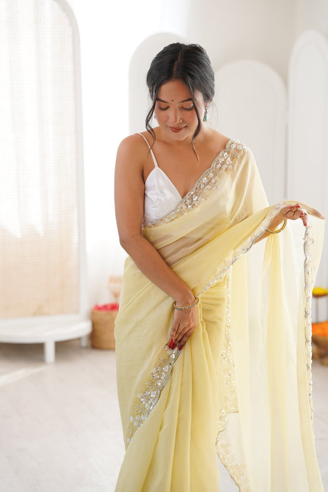 Yellow Solid with Floral Sequin Bordered Chiffon Saree (ACA9148)