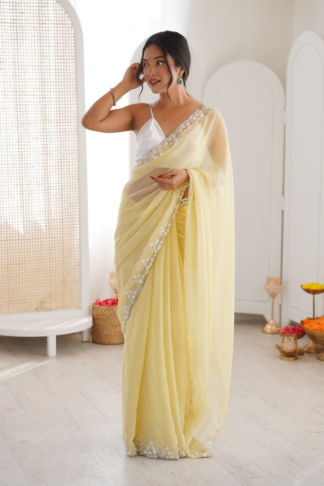 Yellow Solid with Floral Sequin Bordered Chiffon Saree (ACA9148)