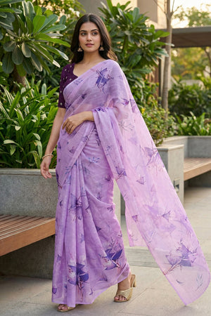 Lavender Floral Printed Organza Saree (ACA9149)