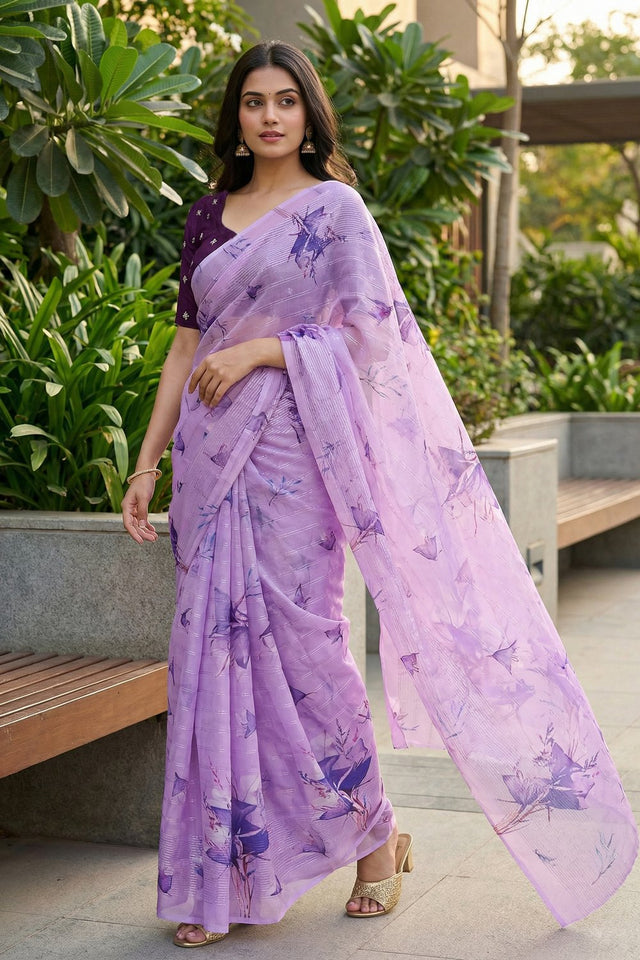 Lavender Floral Printed Organza Saree (ACA9149)