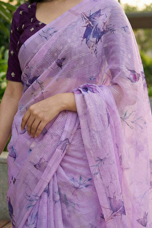 Lavender Floral Printed Organza Saree (ACA9149)