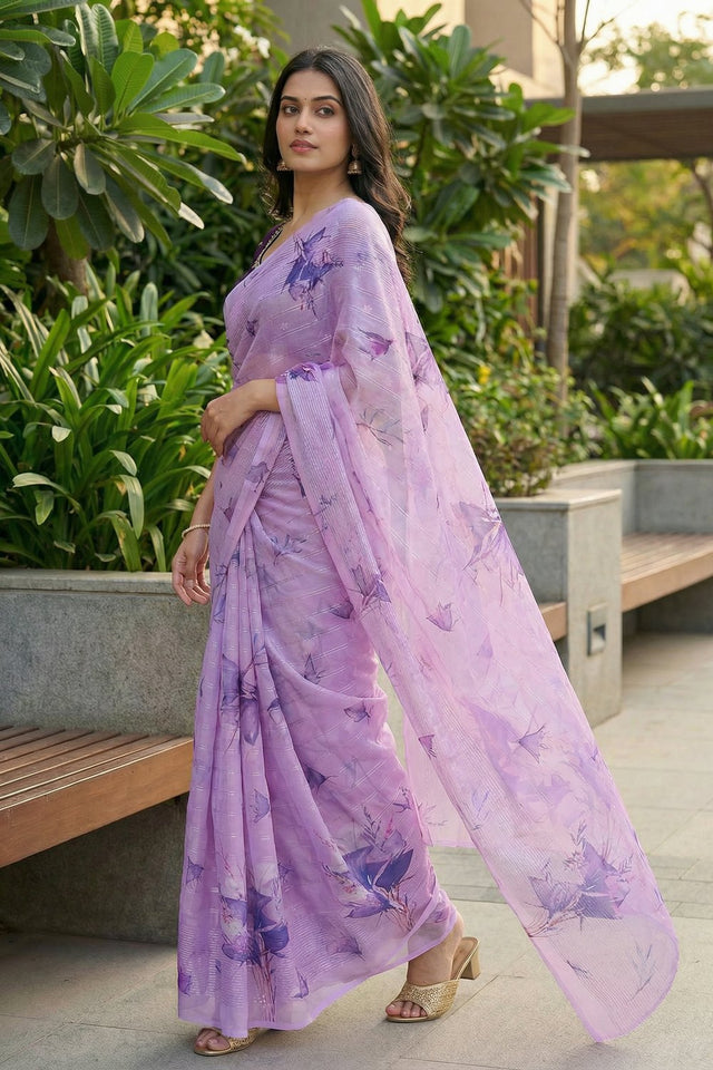 Lavender Floral Printed Organza Saree (ACA9149)