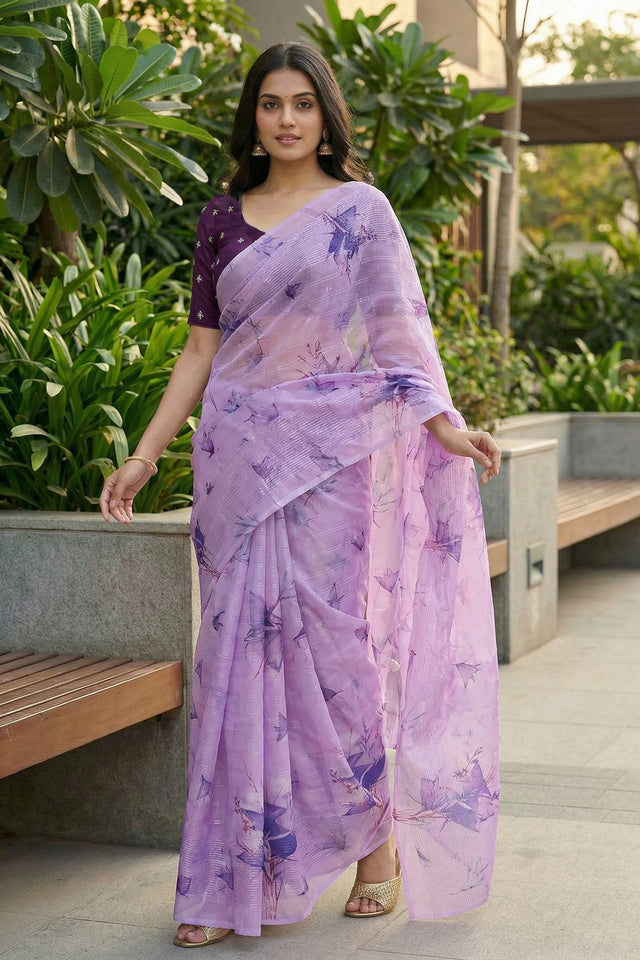 Lavender Floral Printed Organza Saree (ACA9149)