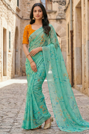 Sea Green Floral Printed Organza Saree (ACA9150)