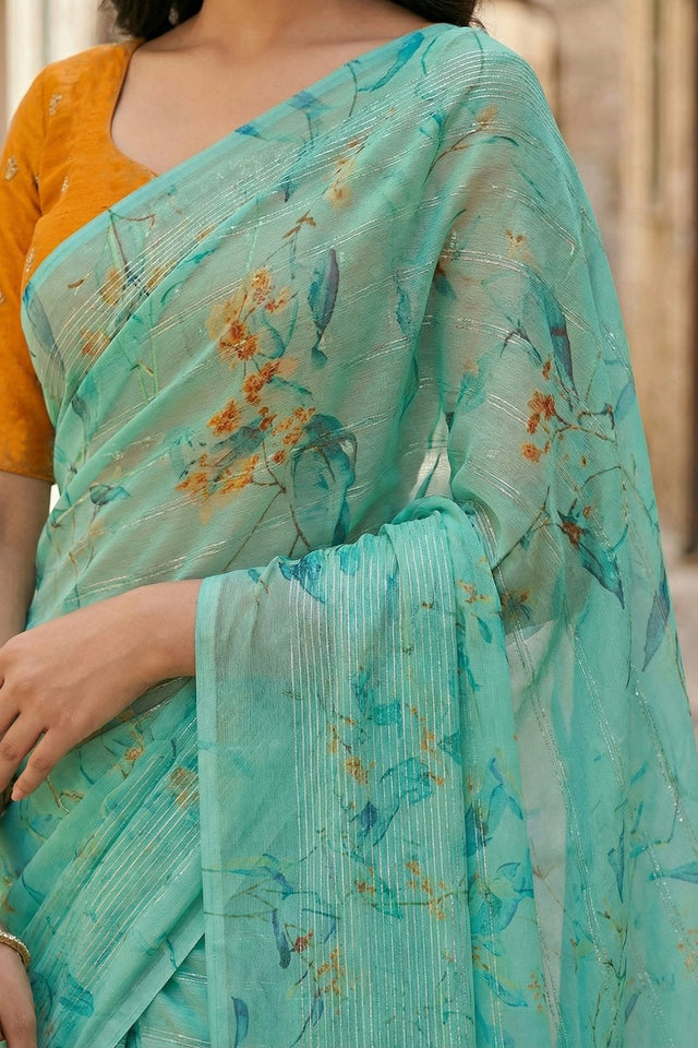 Sea Green Floral Printed Organza Saree (ACA9150)
