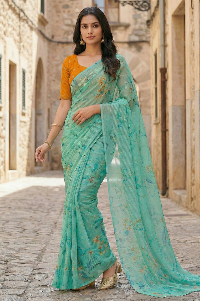 Sea Green Floral Printed Organza Saree (ACA9150)