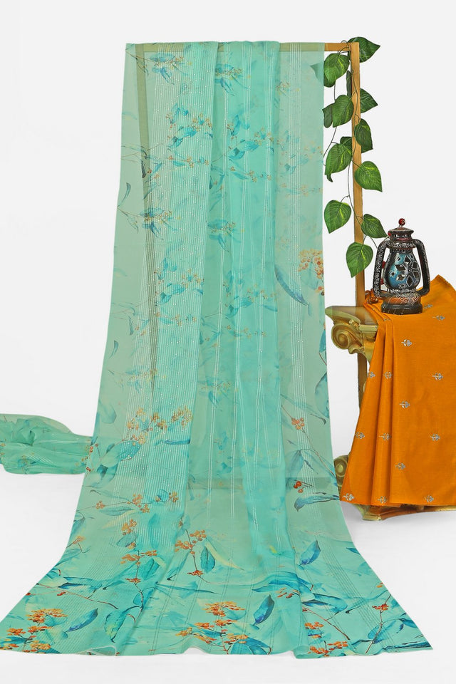 Sea Green Floral Printed Organza Saree (ACA9150)