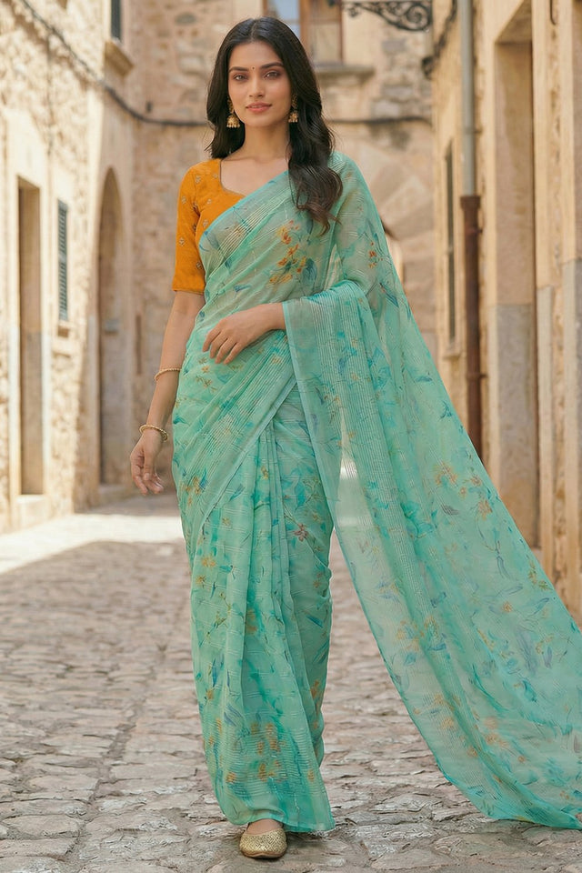 Sea Green Floral Printed Organza Saree (ACA9150)