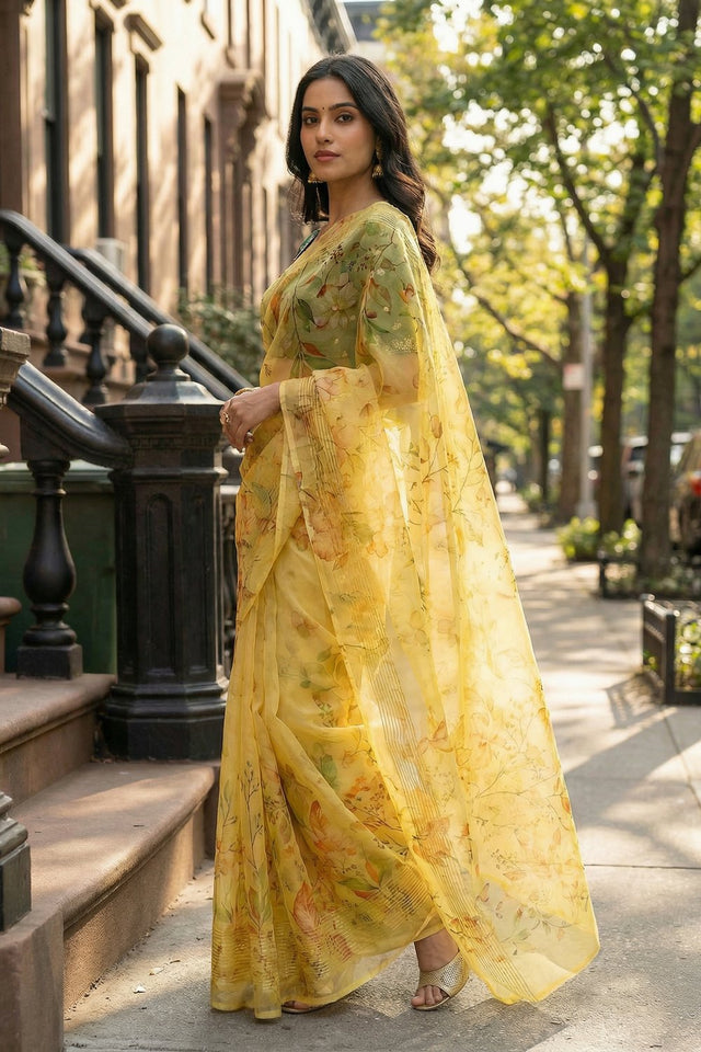 Mustard Floral Printed Organza Saree (ACA9151)