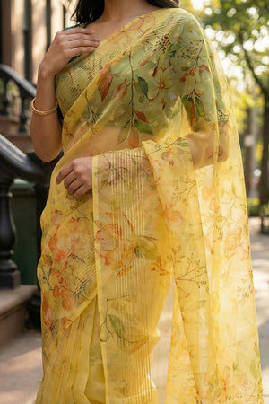Mustard Floral Printed Organza Saree (ACA9151)