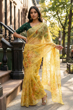 Mustard Floral Printed Organza Saree (ACA9151)