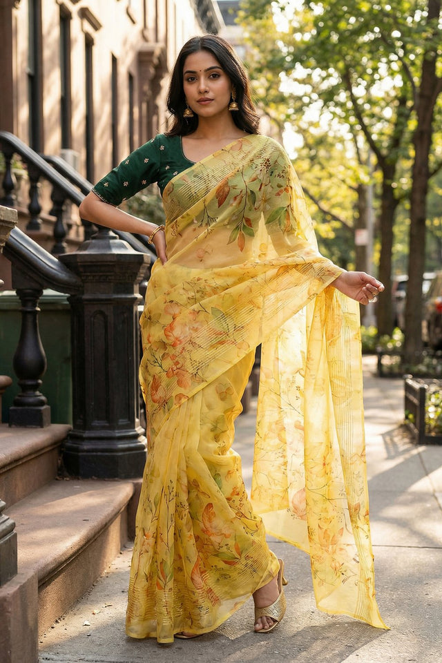 Mustard Floral Printed Organza Saree (ACA9151)
