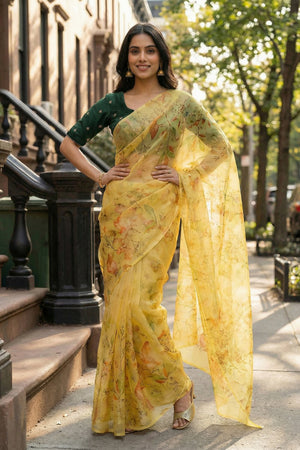 Mustard Floral Printed Organza Saree (ACA9151)