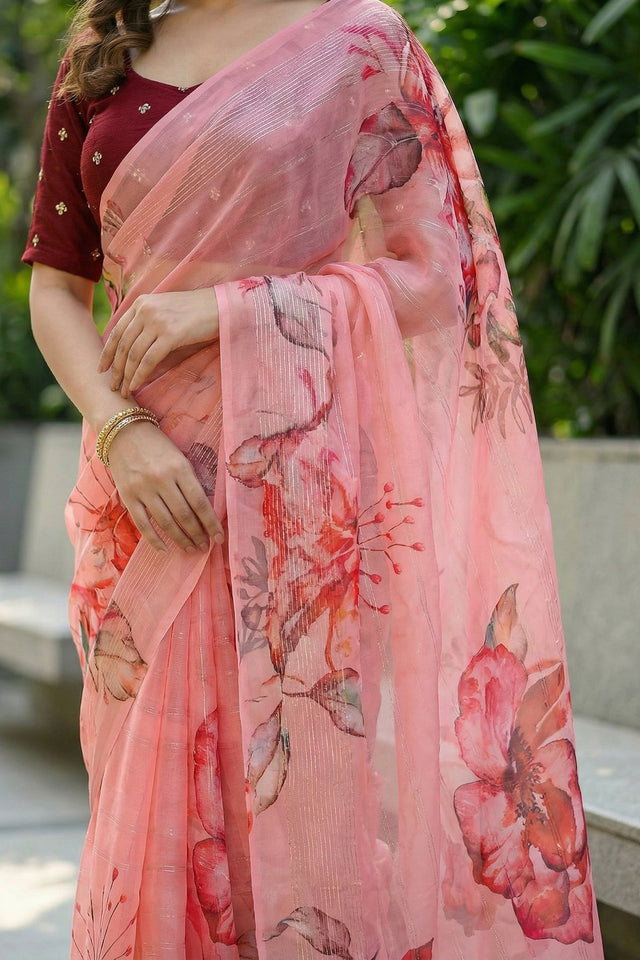 Peach Floral Printed Organza Saree (ACA9152)