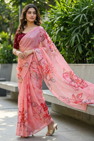 Peach Floral Printed Organza Saree (ACA9152)