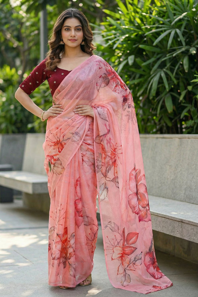 Peach Floral Printed Organza Saree (ACA9152)