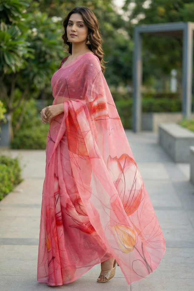 Pink Floral Printed Organza Saree (ACA9153)