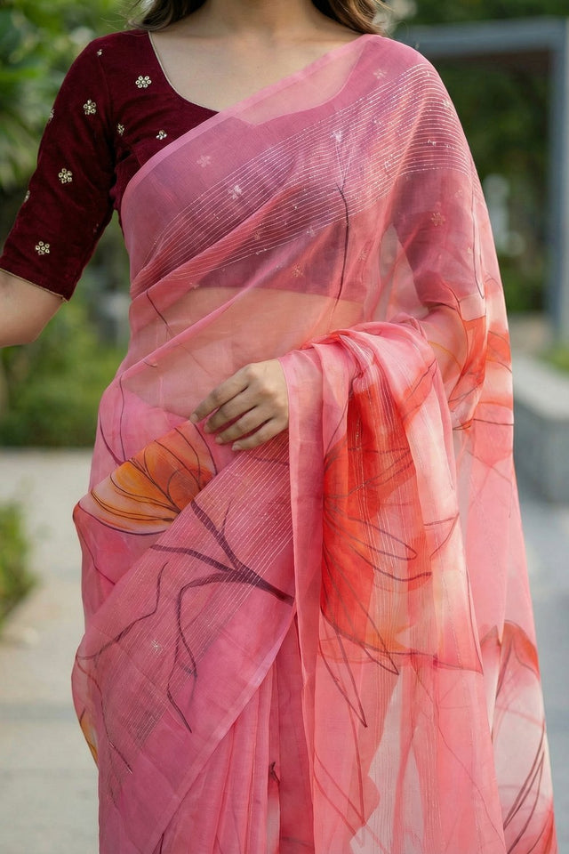 Pink Floral Printed Organza Saree (ACA9153)