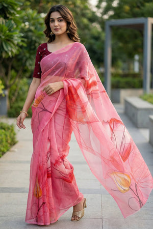 Pink Floral Printed Organza Saree (ACA9153)