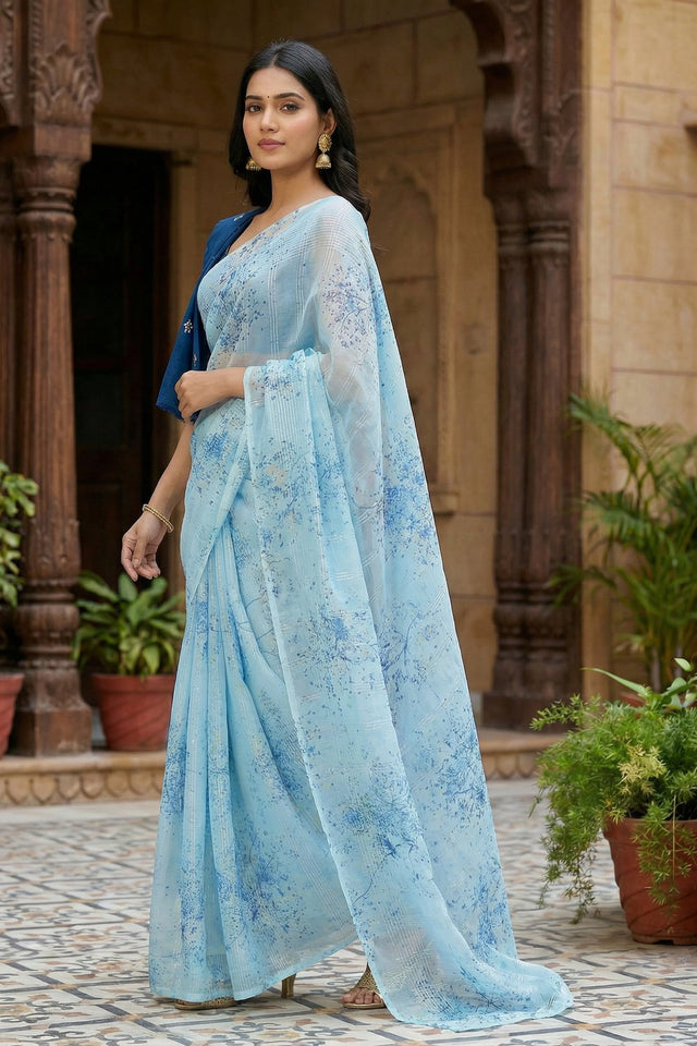 Blue Floral Printed Organza Saree (ACA9154)