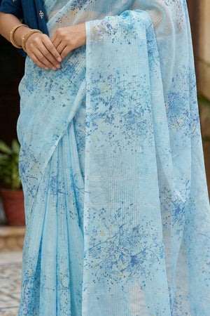 Blue Floral Printed Organza Saree (ACA9154)