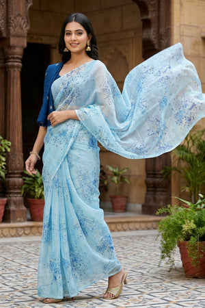 Blue Floral Printed Organza Saree (ACA9154)