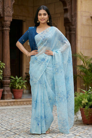 Blue Floral Printed Organza Saree (ACA9154)