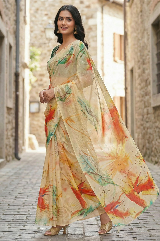 Yellow Floral Printed Organza Saree (ACA9155)