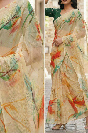 Yellow Floral Printed Organza Saree (ACA9155)