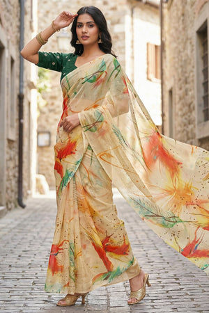 Yellow Floral Printed Organza Saree (ACA9155)
