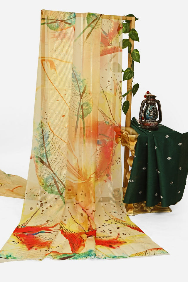 Yellow Floral Printed Organza Saree (ACA9155)