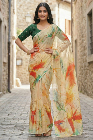 Yellow Floral Printed Organza Saree (ACA9155)