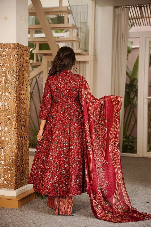 Maroon Floral Printed Muslin Anarkali Suit (ACA9156)