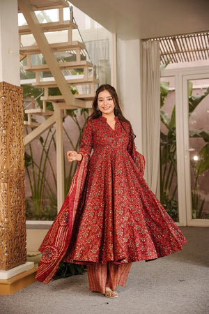 Maroon Floral Printed Muslin Anarkali Suit (ACA9156)