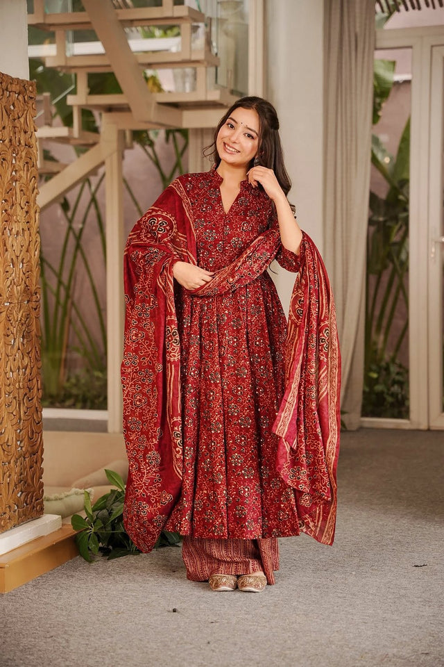 Maroon Floral Printed Muslin Anarkali Suit (ACA9156)
