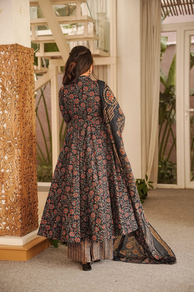 Black Floral Printed Muslin Anarkali Suit (ACA9157)