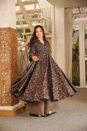 Black Floral Printed Muslin Anarkali Suit (ACA9157)
