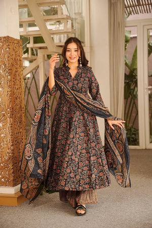 Black Floral Printed Muslin Anarkali Suit (ACA9157)