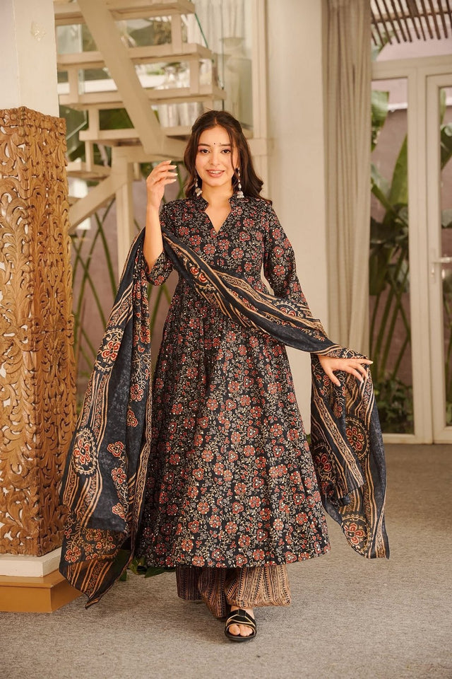 Black Floral Printed Muslin Anarkali Suit (ACA9157)