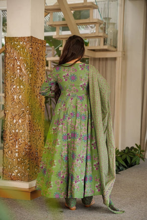 Green Floral Printed Muslin Anarkali Suit (ACA9158)