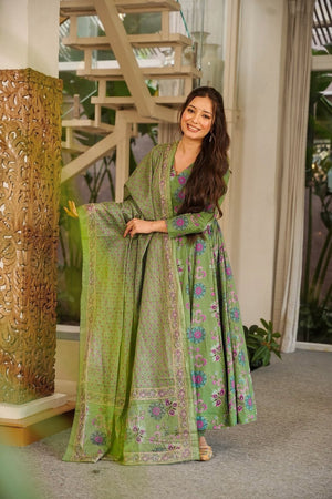 Green Floral Printed Muslin Anarkali Suit (ACA9158)
