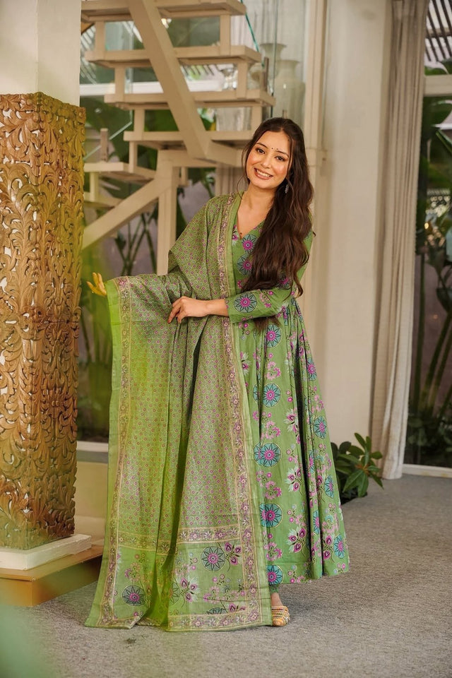Green Floral Printed Muslin Anarkali Suit (ACA9158)
