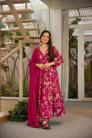 Pink Floral Printed Muslin Anarkali Suit (ACA9159)
