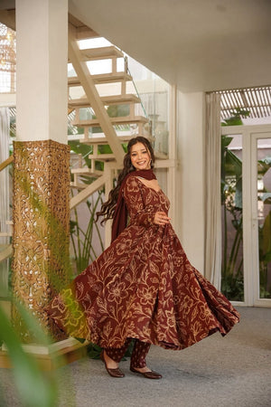 Brown Floral Printed Muslin Anarkali Suit (ACA9160)