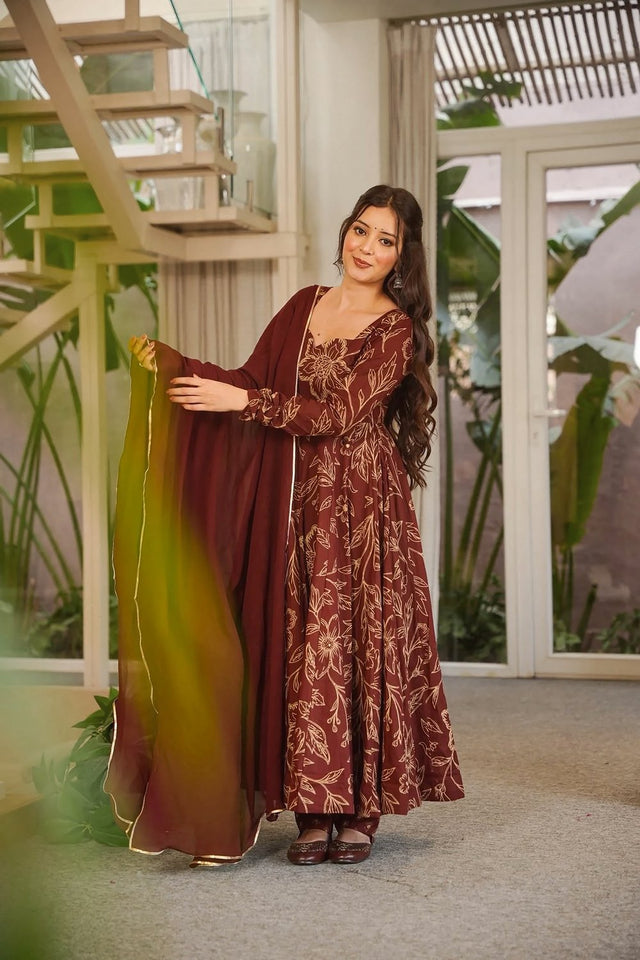 Brown Floral Printed Muslin Anarkali Suit (ACA9160)